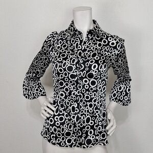 Ninety Black White Geometric Print Boho Ruffle Sleeve Button Front Blouse Size S